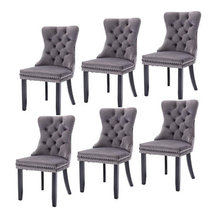 6x Velvet Dining Chairs | Upholstered Tufted Kitchen Chair | Solid Wood Legs | Stud Trim & Ring | Gray