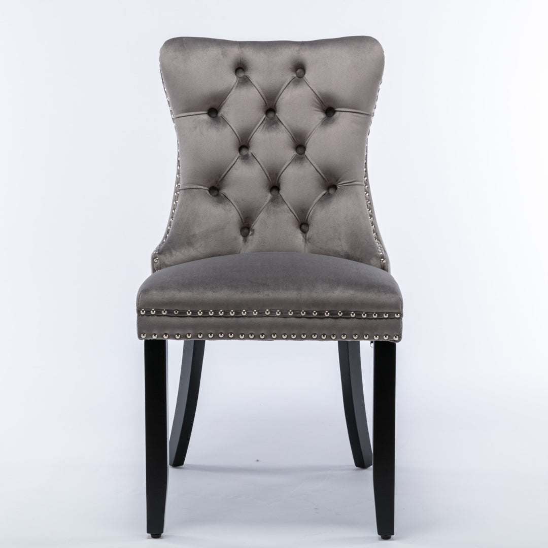 6x Velvet Dining Chairs | Upholstered Tufted Kitchen Chair | Solid Wood Legs | Stud Trim & Ring | Gray
