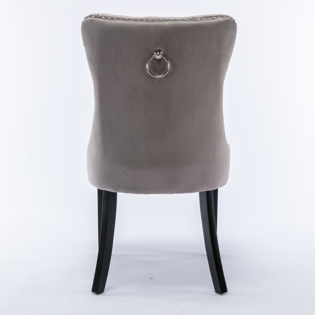 6x Velvet Dining Chairs | Upholstered Tufted Kitchen Chair | Solid Wood Legs | Stud Trim & Ring | Gray