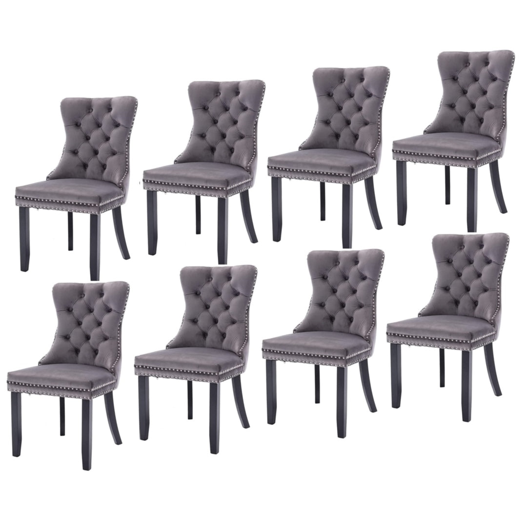 8x Velvet Dining Chairs | Upholstered Tufted Kitchen Chair | Solid Wood Legs | Stud Trim & Ring | Gray