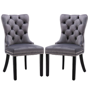 8x Velvet Dining Chairs | Upholstered Tufted Kitchen Chair | Solid Wood Legs | Stud Trim & Ring | Gray