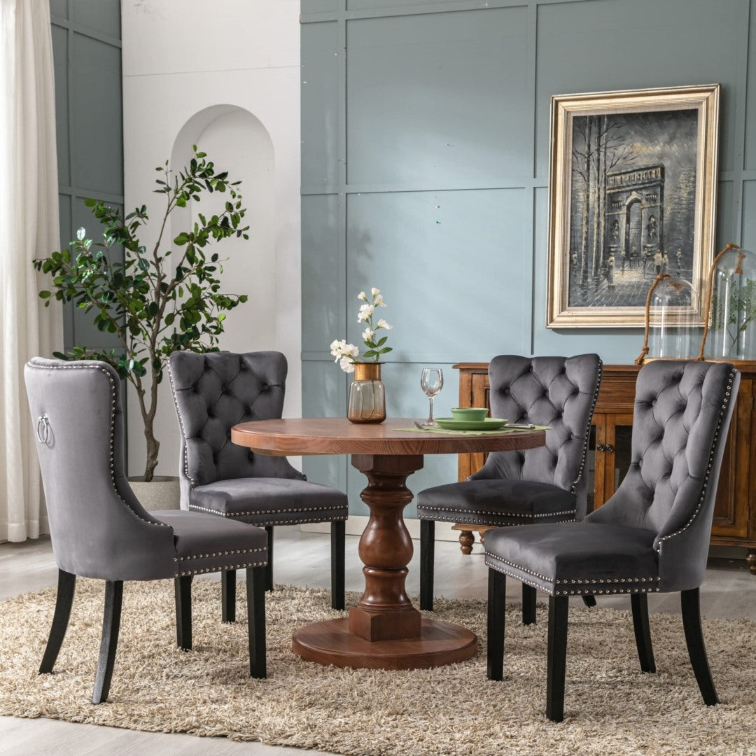 8x Velvet Dining Chairs | Upholstered Tufted Kitchen Chair | Solid Wood Legs | Stud Trim & Ring | Gray