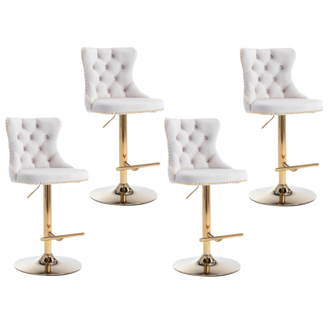 4x Height Adjustable Swivel Bar Stool | Velvet Studs | Barstool with Footrest | Golden Base | Beige