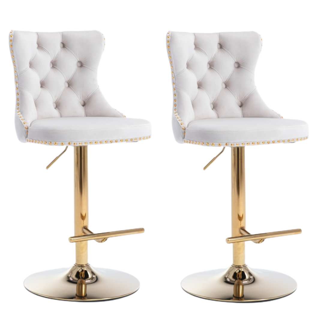 4x Height Adjustable Swivel Bar Stool | Velvet Studs | Barstool with Footrest | Golden Base | Beige