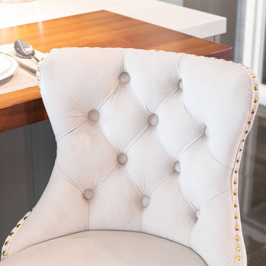 4x Height Adjustable Swivel Bar Stool | Velvet Studs | Barstool with Footrest | Golden Base | Beige