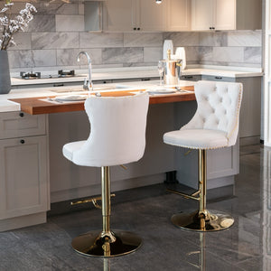 4x Height Adjustable Swivel Bar Stool | Velvet Studs | Barstool with Footrest | Golden Base | Beige