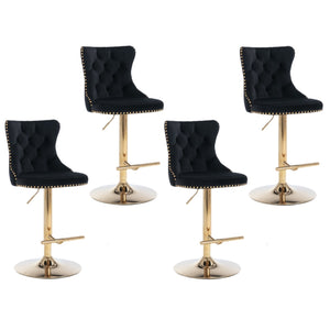 4x Height Adjustable Swivel Bar Stool | Velvet Studs | Barstool with Footrest | Golden Base | Black