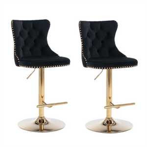 4x Height Adjustable Swivel Bar Stool | Velvet Studs | Barstool with Footrest | Golden Base | Black