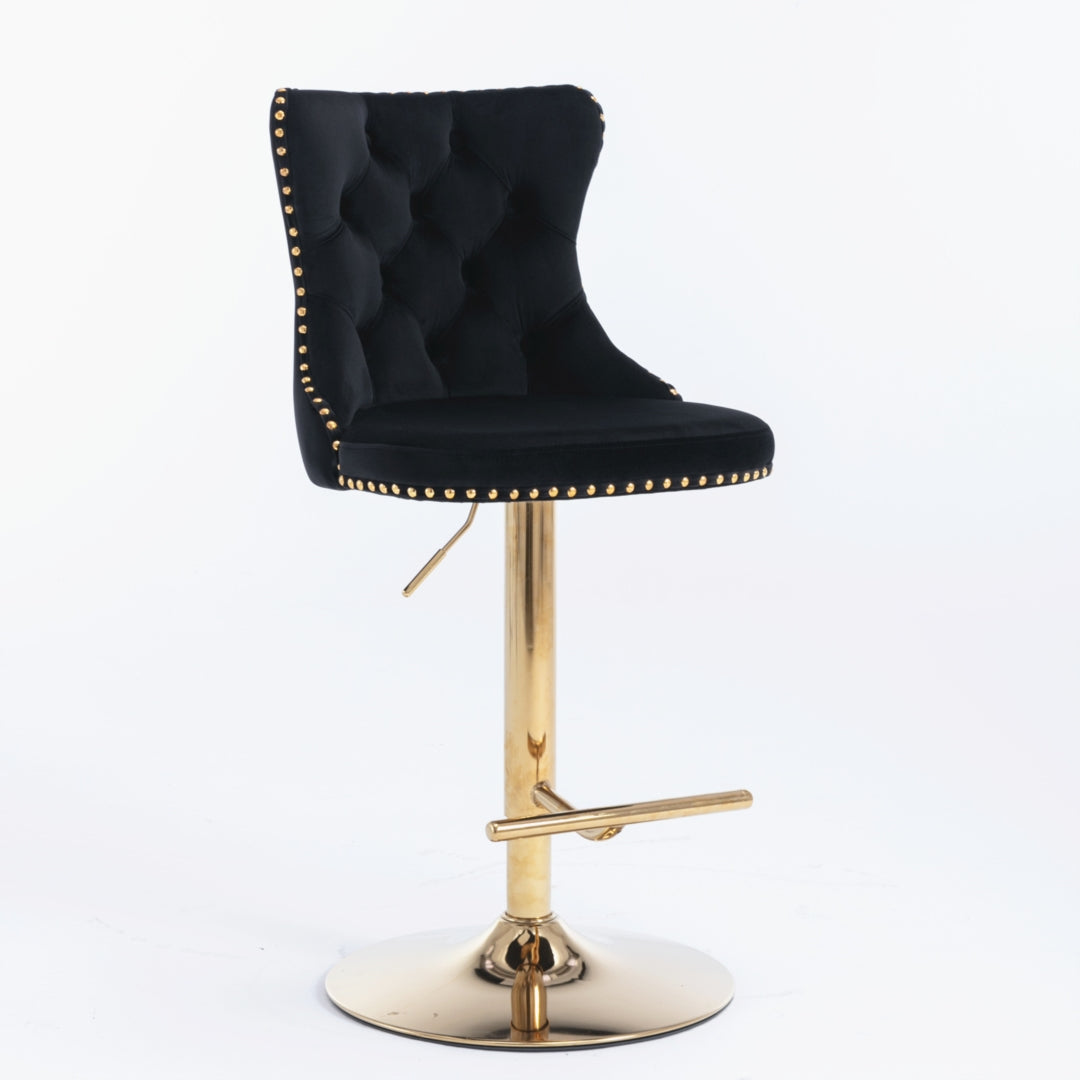 4x Height Adjustable Swivel Bar Stool | Velvet Studs | Barstool with Footrest | Golden Base | Black