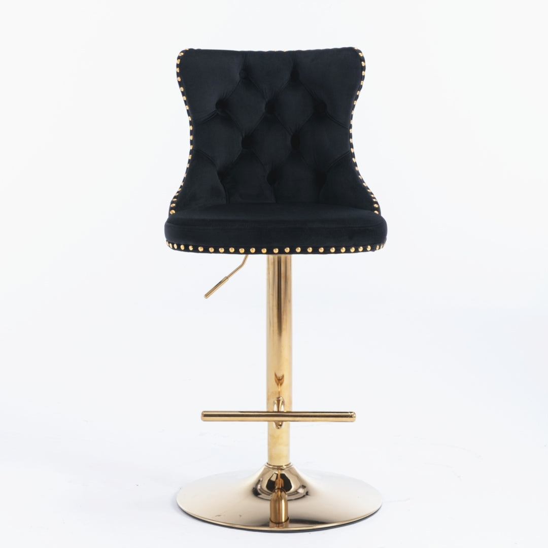 4x Height Adjustable Swivel Bar Stool | Velvet Studs | Barstool with Footrest | Golden Base | Black