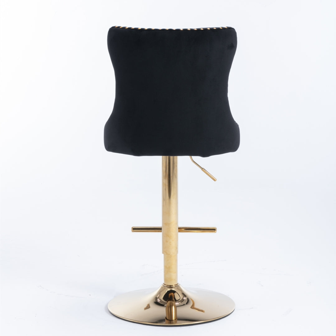 4x Height Adjustable Swivel Bar Stool | Velvet Studs | Barstool with Footrest | Golden Base | Black