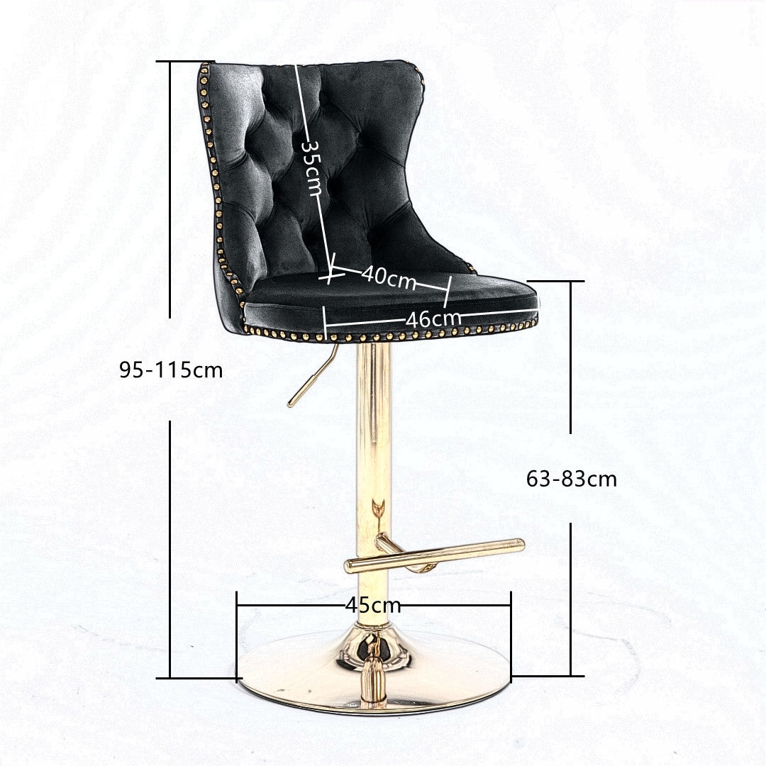 4x Height Adjustable Swivel Bar Stool | Velvet Studs | Barstool with Footrest | Golden Base | Black