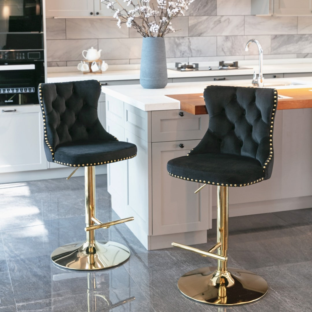 4x Height Adjustable Swivel Bar Stool | Velvet Studs | Barstool with Footrest | Golden Base | Black