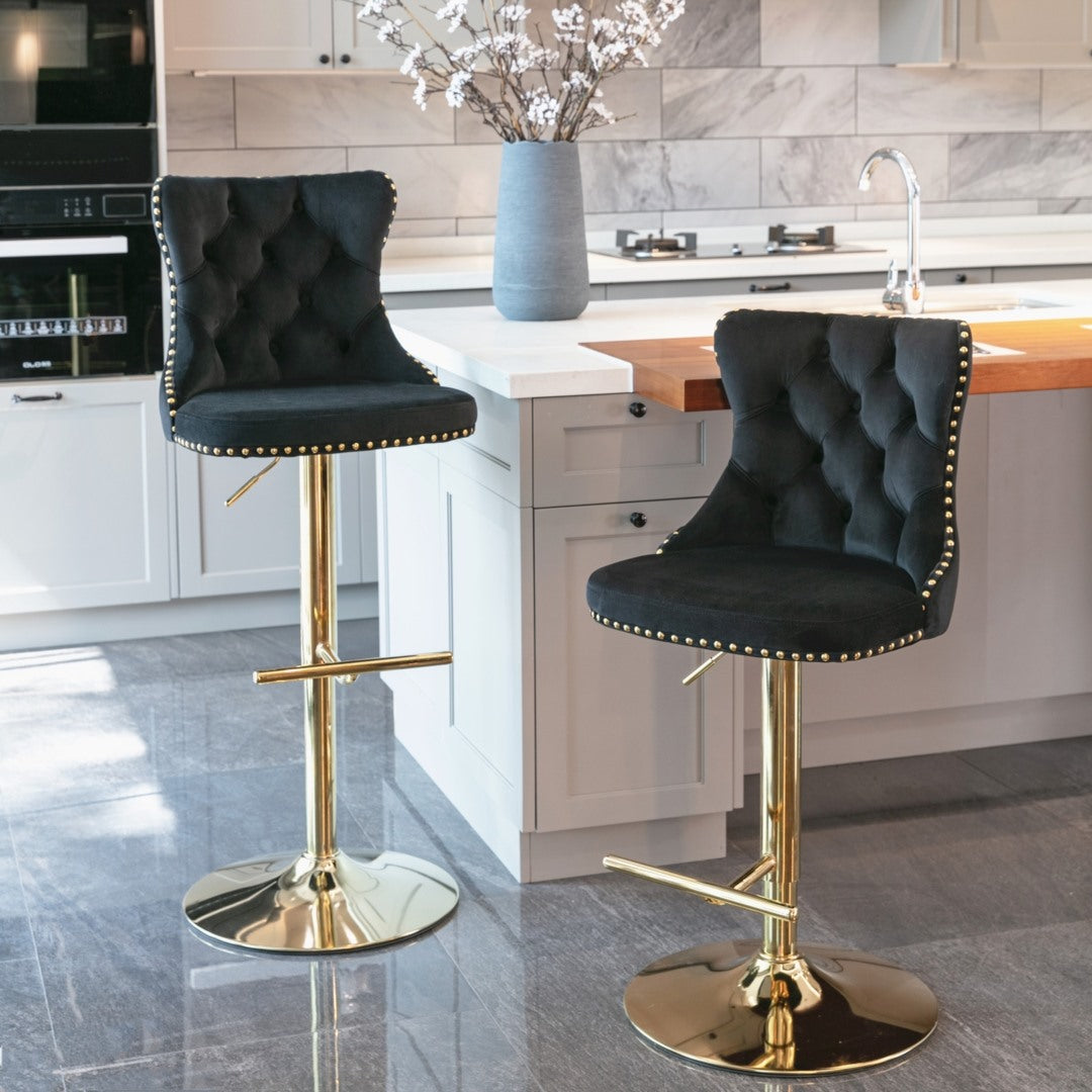 4x Height Adjustable Swivel Bar Stool | Velvet Studs | Barstool with Footrest | Golden Base | Black