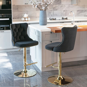 4x Height Adjustable Swivel Bar Stool | Velvet Studs | Barstool with Footrest | Golden Base | Black
