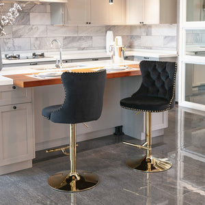 4x Height Adjustable Swivel Bar Stool | Velvet Studs | Barstool with Footrest | Golden Base | Black