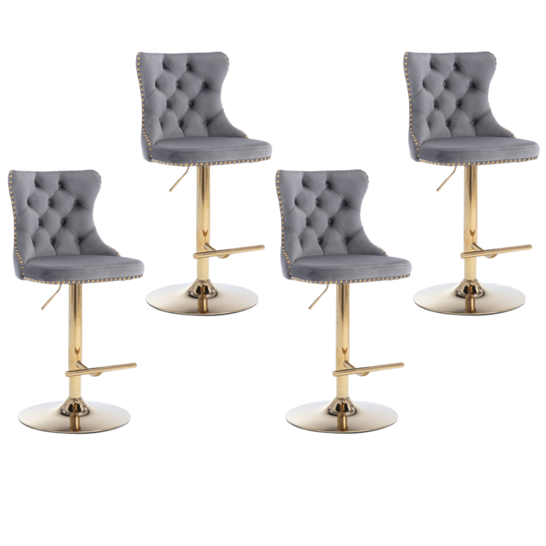 4x Height Adjustable Swivel Bar Stool | Velvet Studs | Barstool with Footrest | Golden Base | Gray