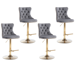 4x Height Adjustable Swivel Bar Stool | Velvet Studs | Barstool with Footrest | Golden Base | Gray