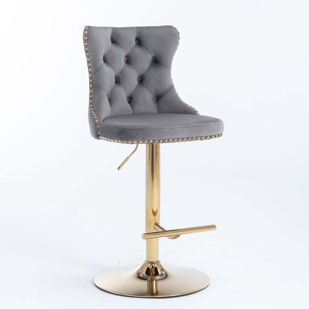 4x Height Adjustable Swivel Bar Stool | Velvet Studs | Barstool with Footrest | Golden Base | Gray