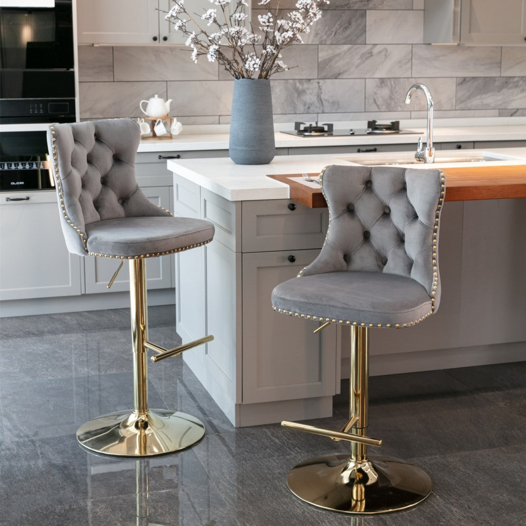 4x Height Adjustable Swivel Bar Stool | Velvet Studs | Barstool with Footrest | Golden Base | Gray