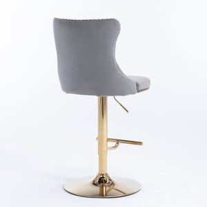 4x Height Adjustable Swivel Bar Stool | Velvet Studs | Barstool with Footrest | Golden Base | Gray