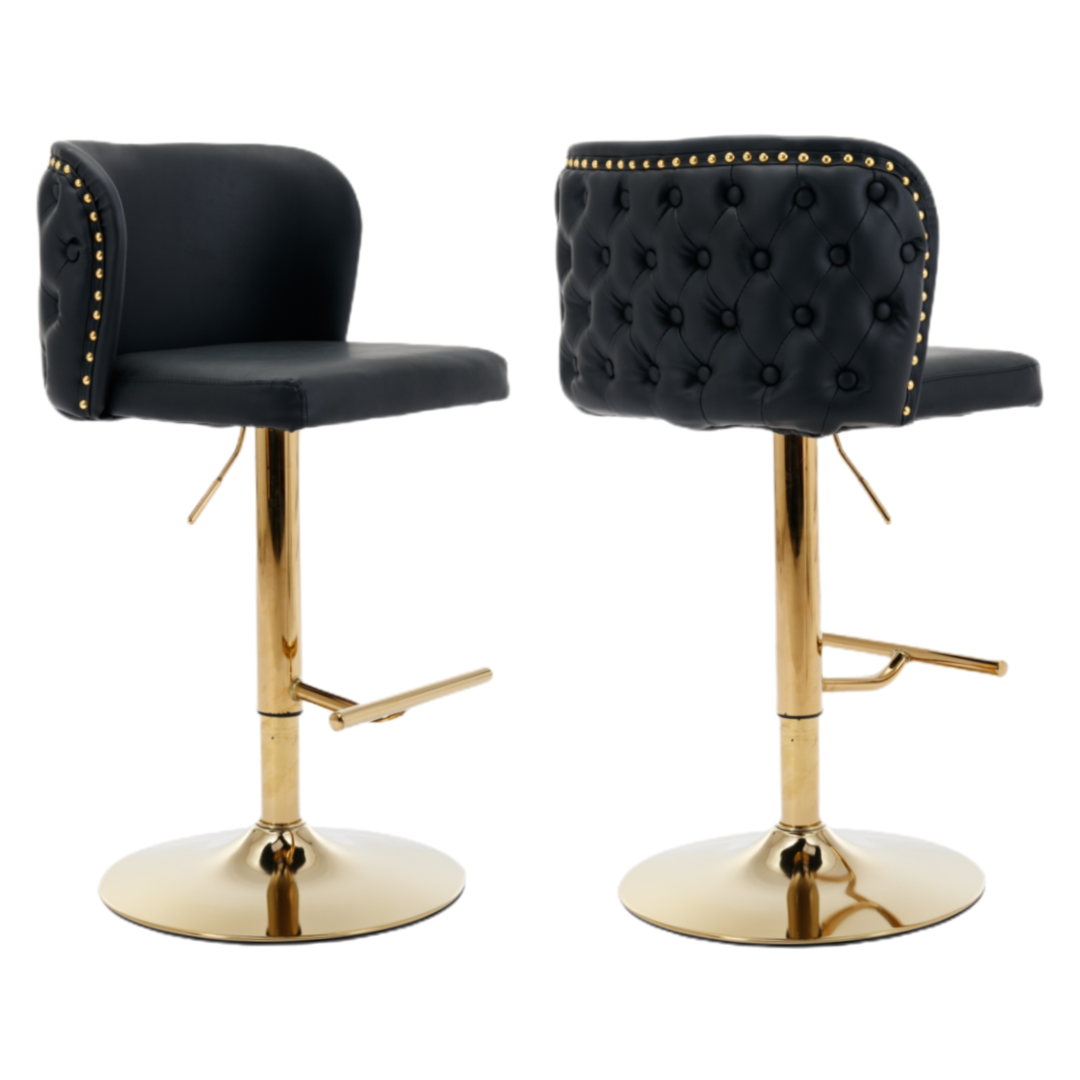 2x Faux Leather Golden Base Swivel Bar Stools | Black