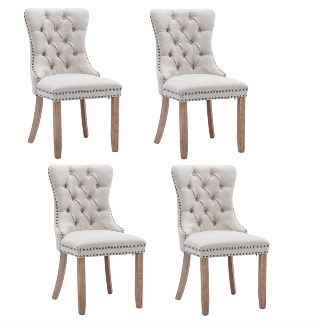 4x AADEN Modern Elegant Button-Tufted Upholstered Fabric | Studs Trim | Wooden Legs | Dining Side Chair | Beige