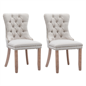 4x AADEN Modern Elegant Button-Tufted Upholstered Fabric | Studs Trim | Wooden Legs | Dining Side Chair | Beige