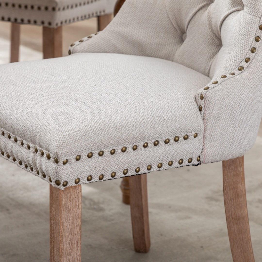 4x AADEN Modern Elegant Button-Tufted Upholstered Fabric | Studs Trim | Wooden Legs | Dining Side Chair | Beige