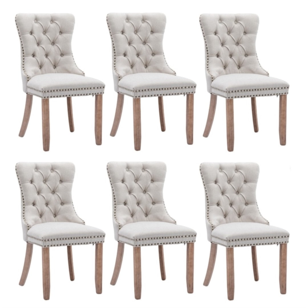 6x AADEN Modern Elegant Button-Tufted Upholstered Fabric | Studs Trim | Wooden Legs Dining Side Chair | Beige
