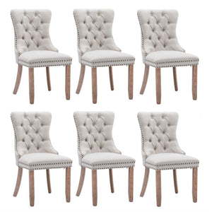 6x AADEN Modern Elegant Button-Tufted Upholstered Fabric | Studs Trim | Wooden Legs Dining Side Chair | Beige