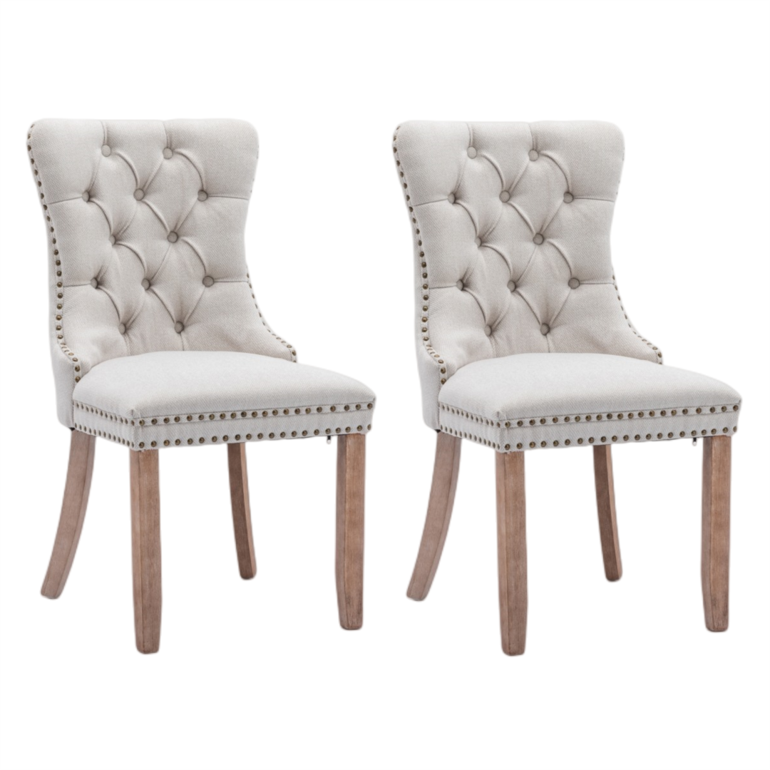 6x AADEN Modern Elegant Button-Tufted Upholstered Fabric | Studs Trim | Wooden Legs Dining Side Chair | Beige