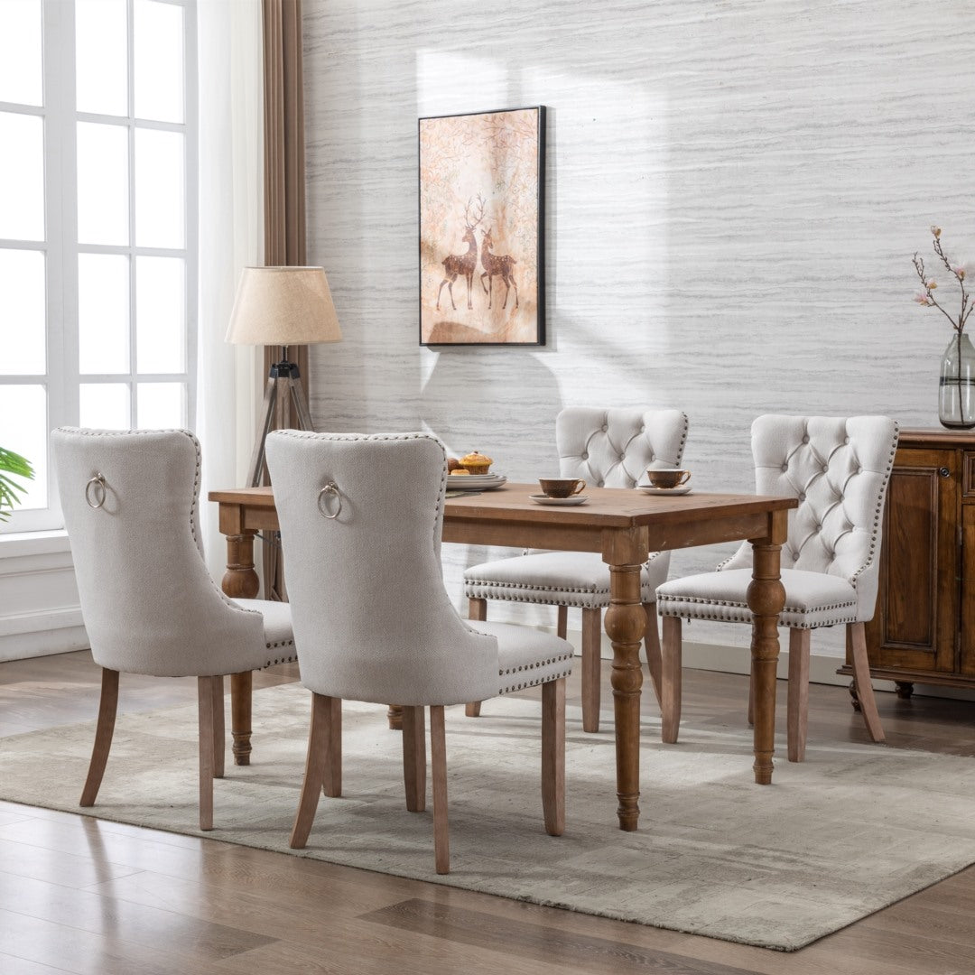 6x AADEN Modern Elegant Button-Tufted Upholstered Fabric | Studs Trim | Wooden Legs Dining Side Chair | Beige