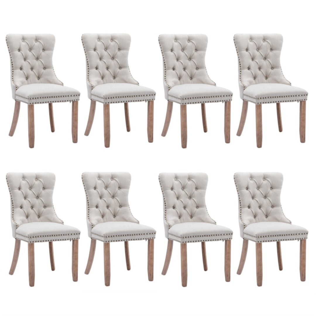8x AADEN Modern Elegant Button-Tufted Upholstered Fabric | Studs Trim | Wooden Legs | Dining Side Chair | Beige