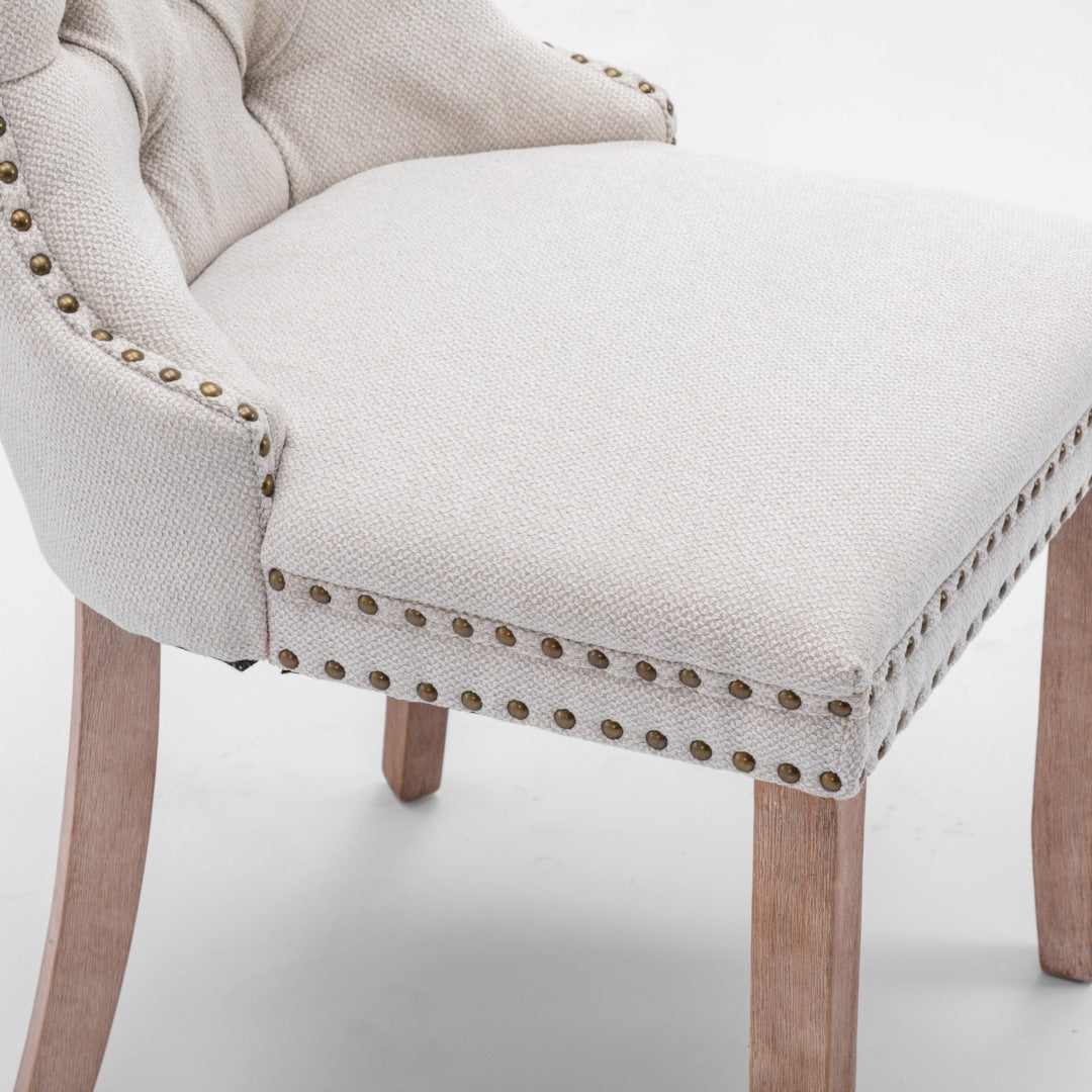 AADEN Modern Elegant Button-Tufted Upholstered Fabric Dining Side Chair | Studs Trim | Wooden Legs | Beige