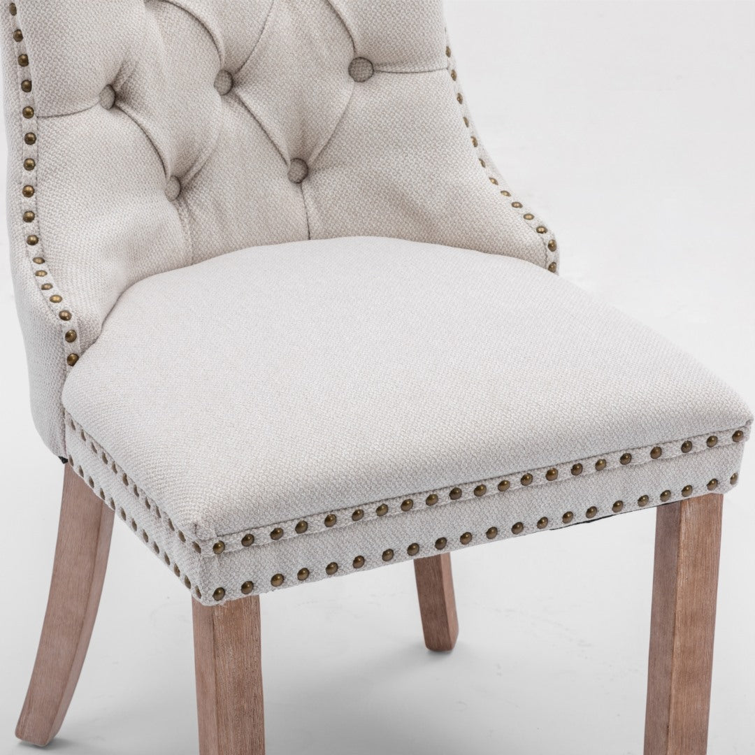 AADEN Modern Elegant Button-Tufted Upholstered Fabric Dining Side Chair | Studs Trim | Wooden Legs | Beige