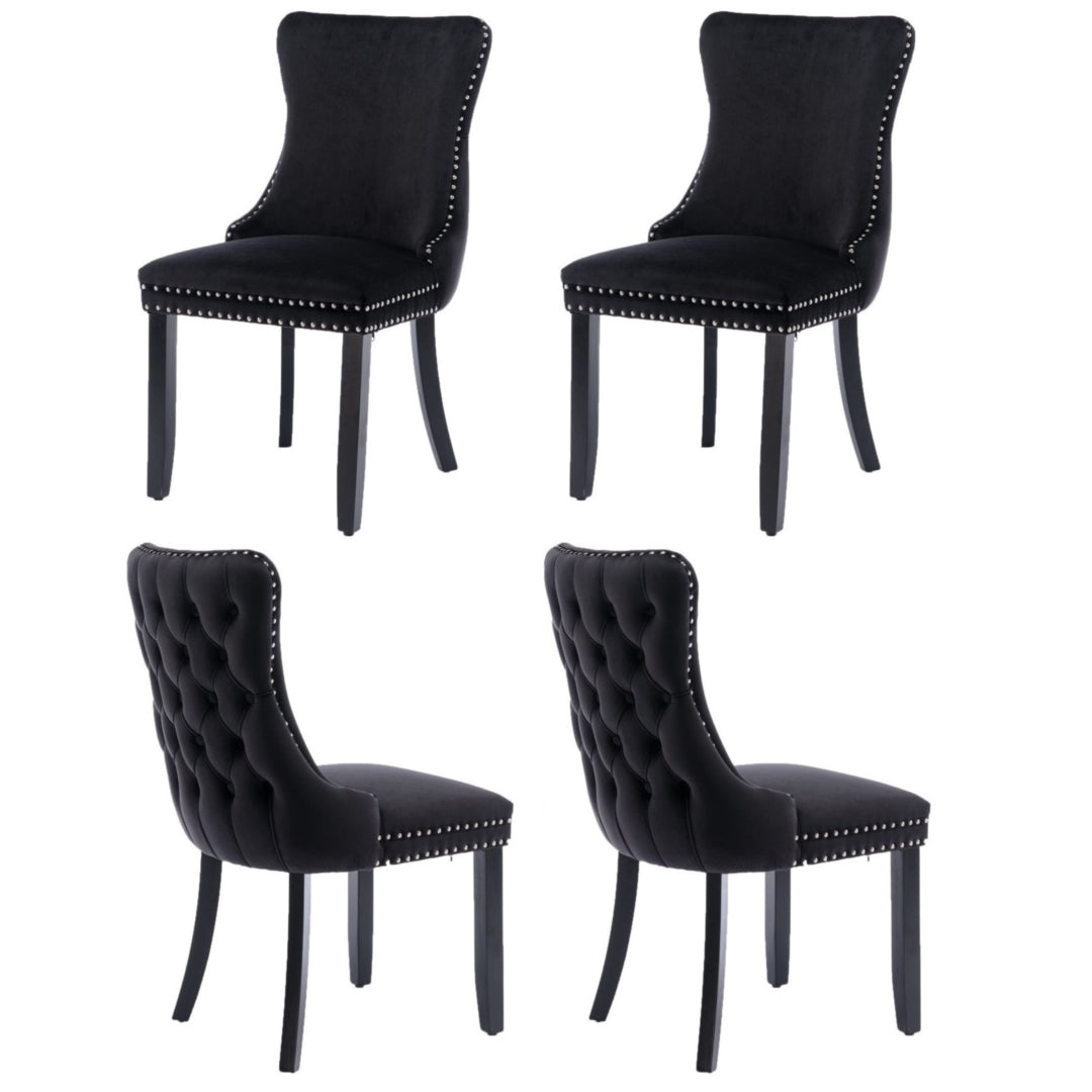 4x Velvet Upholstered Dining Tufted Chairs | Studs Trim | Solid Wood Legs | Black