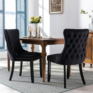 4x Velvet Upholstered Dining Tufted Chairs | Studs Trim | Solid Wood Legs | Black