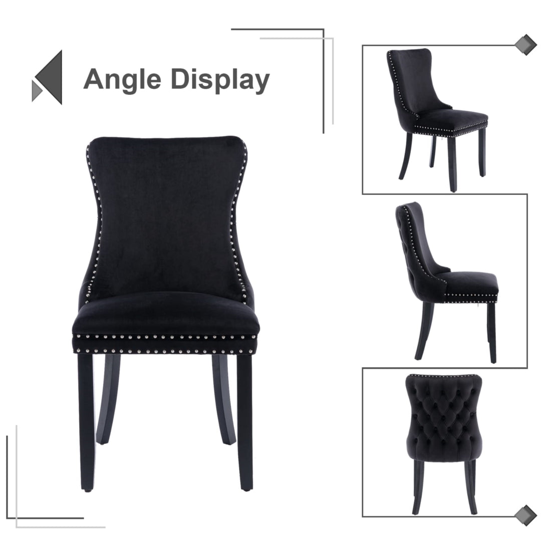 4x Velvet Upholstered Dining Tufted Chairs | Studs Trim | Solid Wood Legs | Black