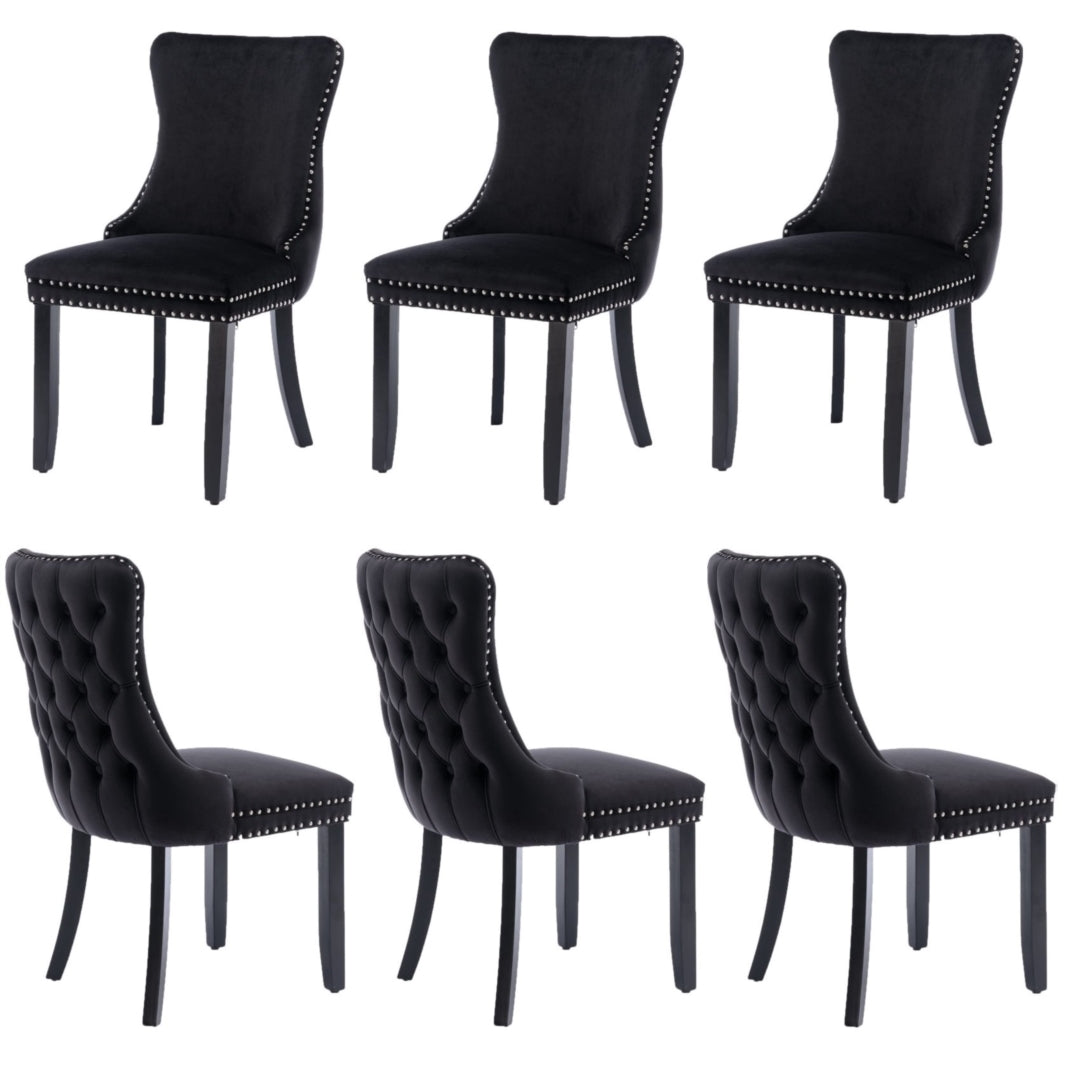 6x Velvet Upholstered Dining Tufted Chairs | Studs Trim | Solid Wood Legs | Black