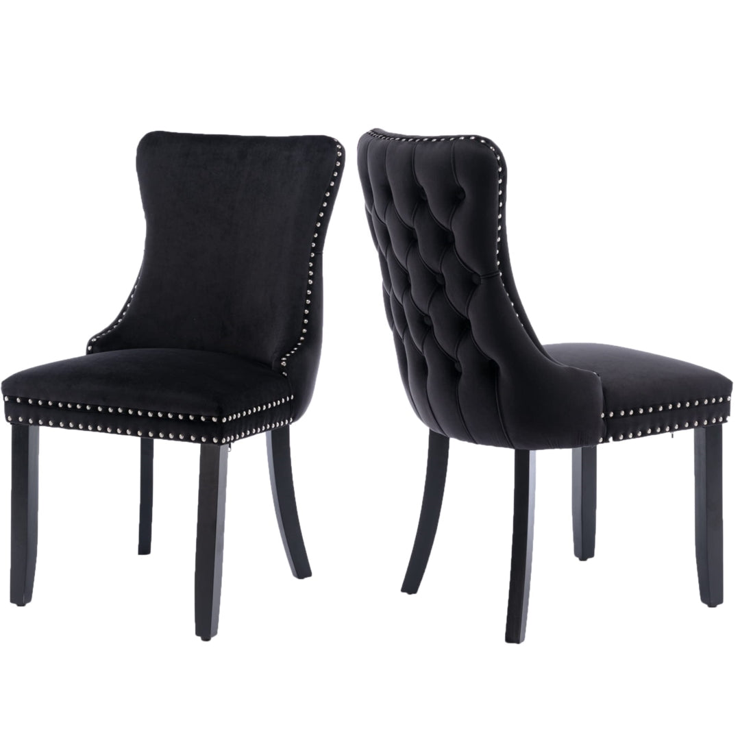 6x Velvet Upholstered Dining Tufted Chairs | Studs Trim | Solid Wood Legs | Black