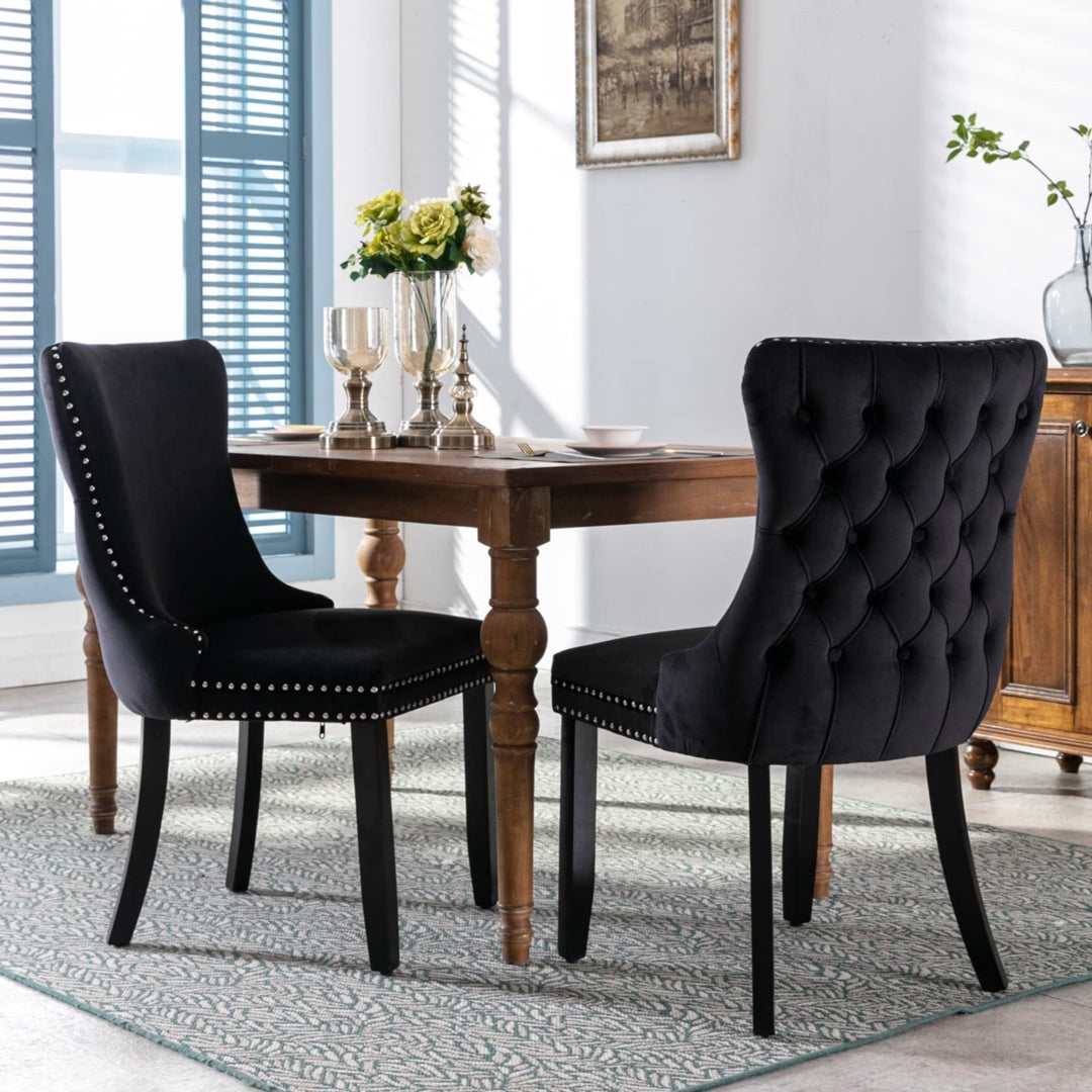 6x Velvet Upholstered Dining Tufted Chairs | Studs Trim | Solid Wood Legs | Black