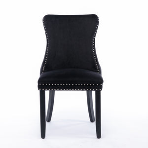 6x Velvet Upholstered Dining Tufted Chairs | Studs Trim | Solid Wood Legs | Black