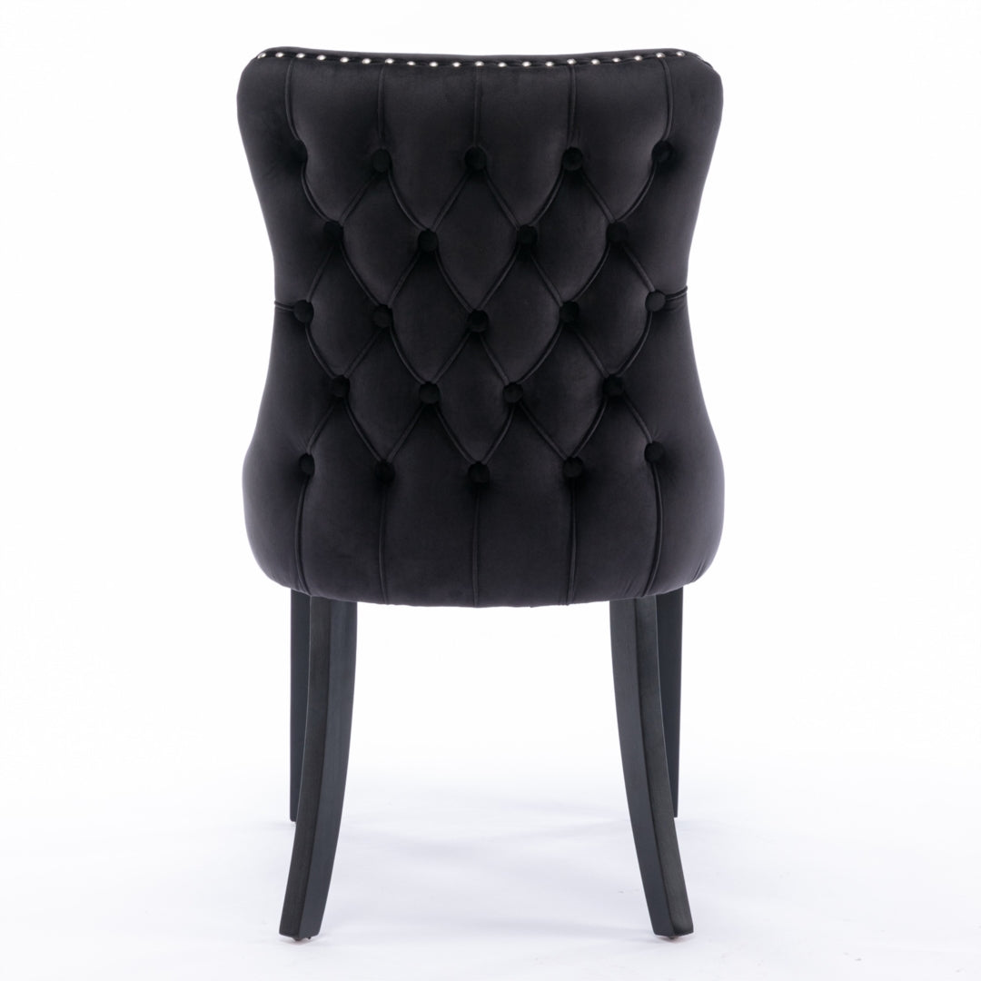 6x Velvet Upholstered Dining Tufted Chairs | Studs Trim | Solid Wood Legs | Black
