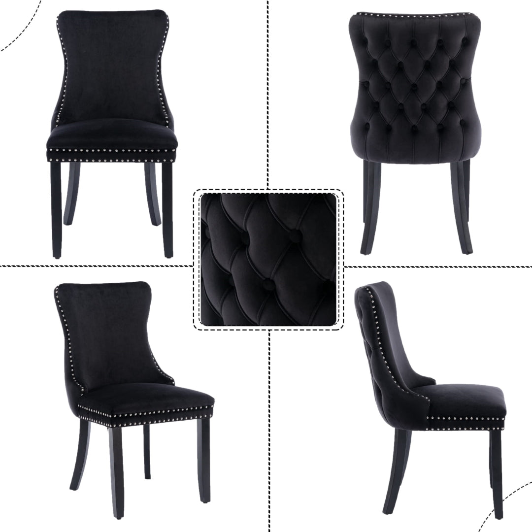 6x Velvet Upholstered Dining Tufted Chairs | Studs Trim | Solid Wood Legs | Black