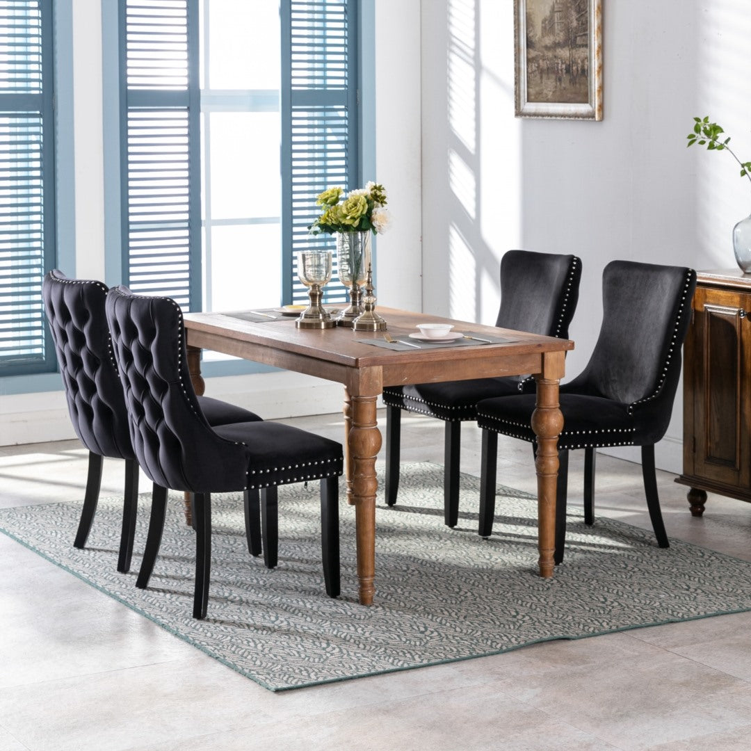 6x Velvet Upholstered Dining Tufted Chairs | Studs Trim | Solid Wood Legs | Black