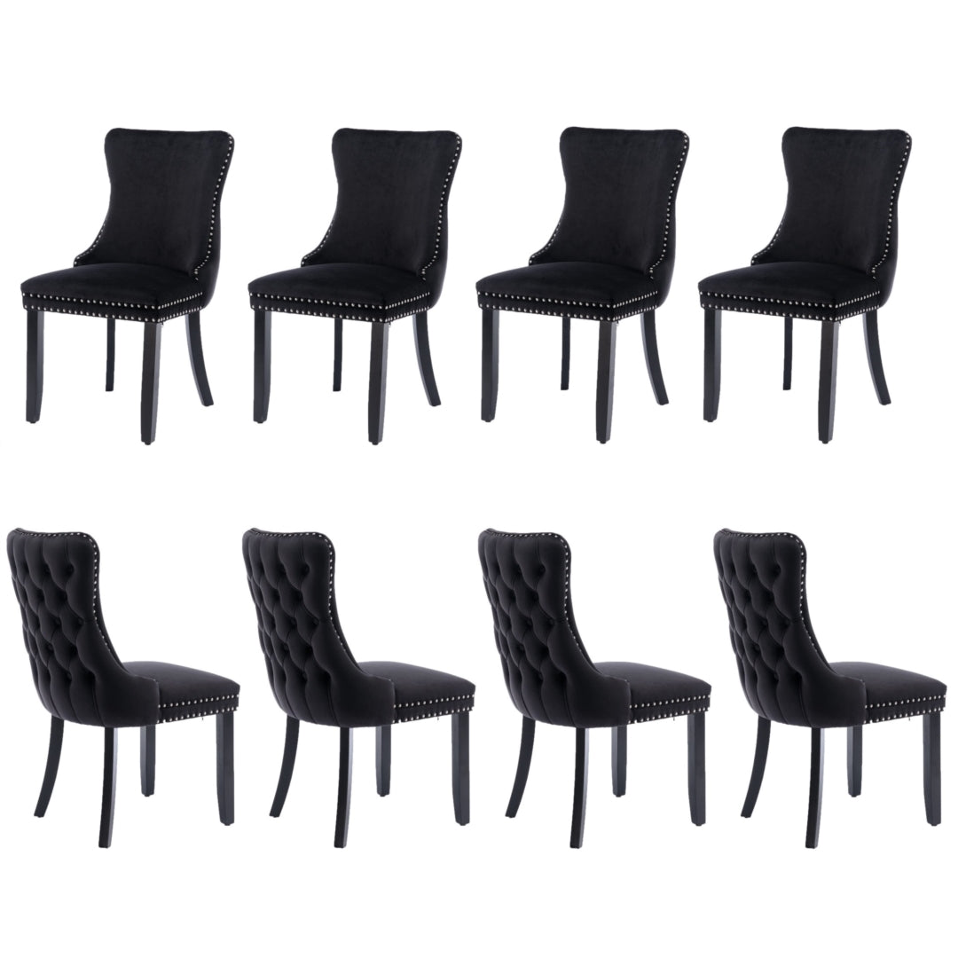 8x Velvet Upholstered Dining Tufted Chairs | Studs Trim | Solid Wood Legs | Black