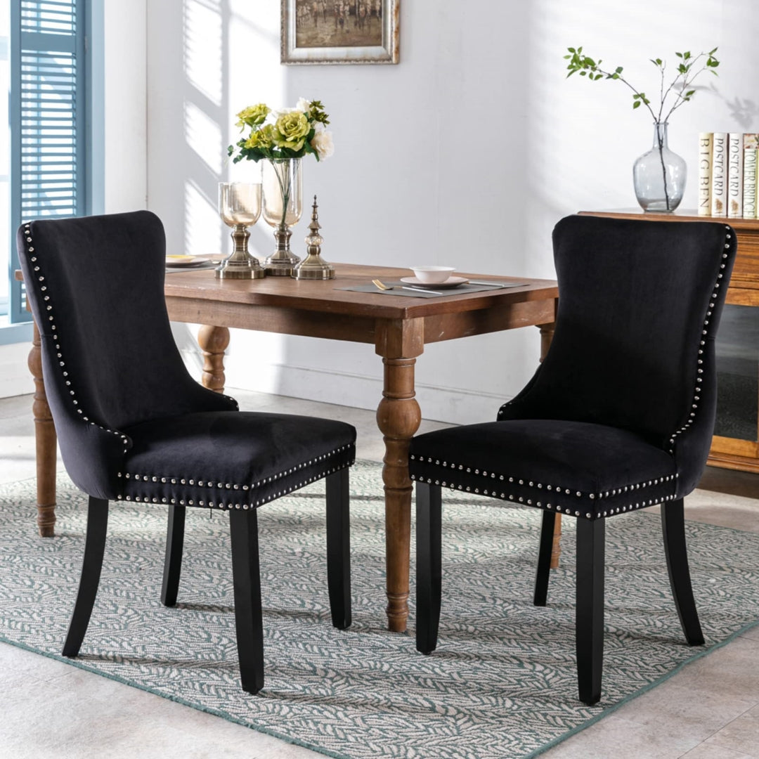 8x Velvet Upholstered Dining Tufted Chairs | Studs Trim | Solid Wood Legs | Black