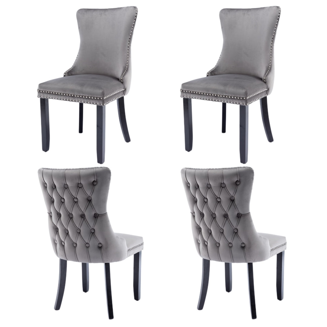 4x Velvet Upholstered Dining Chairs | Tufted Wingback Side Chair | Studs Trim | Solid Wood Legs | Kitchen