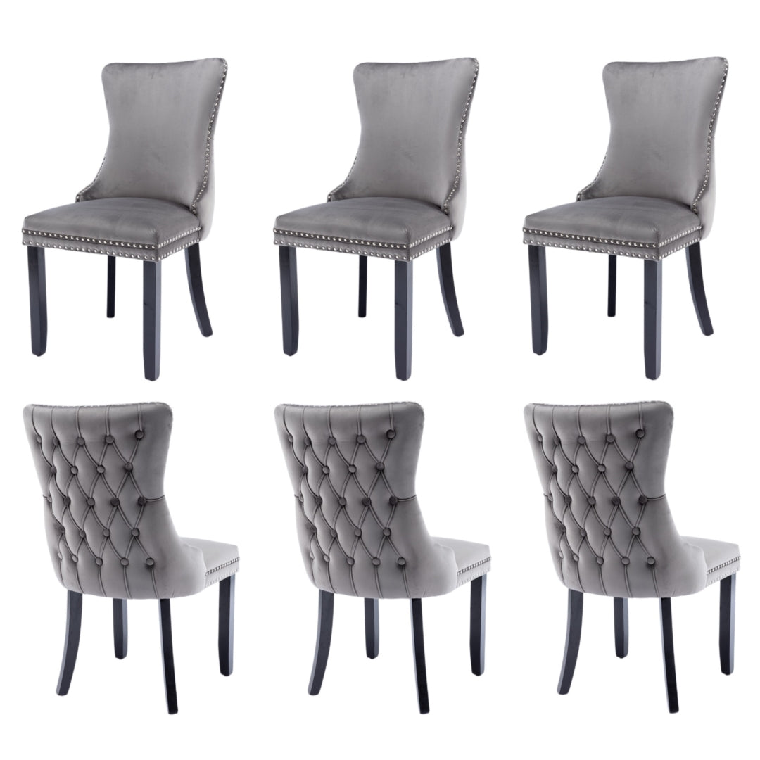 6x Velvet Upholstered Dining Chairs | Tufted Wingback Side Chair | Studs Trim | Solid Wood Legs | Kitchen